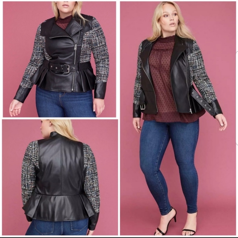 Lane Bryant Faux Leather & Tweed Collarless Moto J